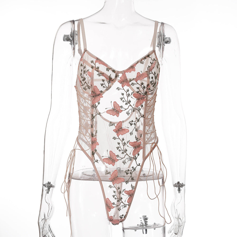 Sexy Erotic Lace Underwear Butterfly Embroidery Shaping Bodysuit